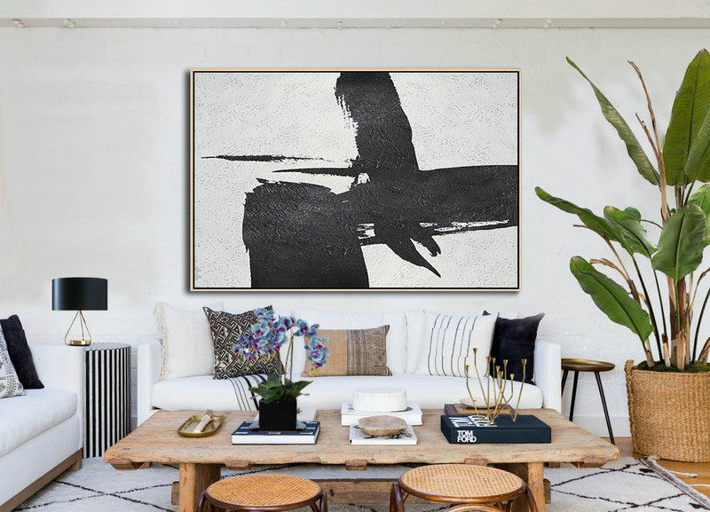 Custom Canvas Wall Art,Hand Painted Oversized Horizontal Minimal Art On Canvas, Black And White Minimalist Painting - Abstract Painting On Canvas